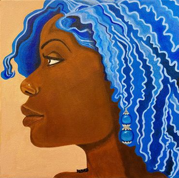 Self portrait in profile view and blue Afro hair