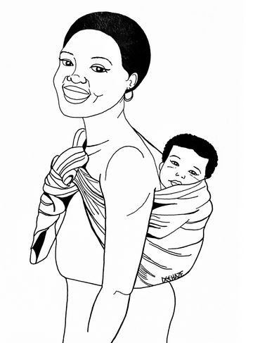 Mother wearing short Afro and small hoops smiles carrying baby with kanga cloth knotted at chest