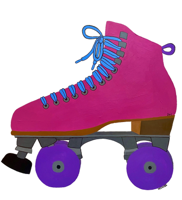 Pink roller-skate with blue laces and purple wheels