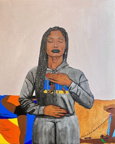 Self portrait of artist wearing braids kneeling with miniatures of Black women engaging in self care