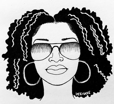 Black and white image of woman wearing an Afro, sunglasses and hoop earrings