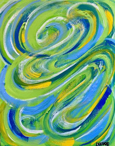 Light green abstract painting with swirls of blue, white, green and yellow