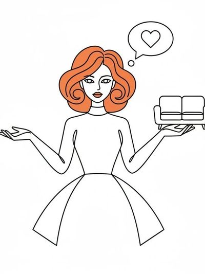 Woman with red hair holding a sofa, thinking about love.
