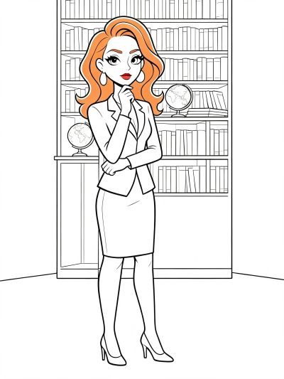 Confident woman standing in front of bookshelves.