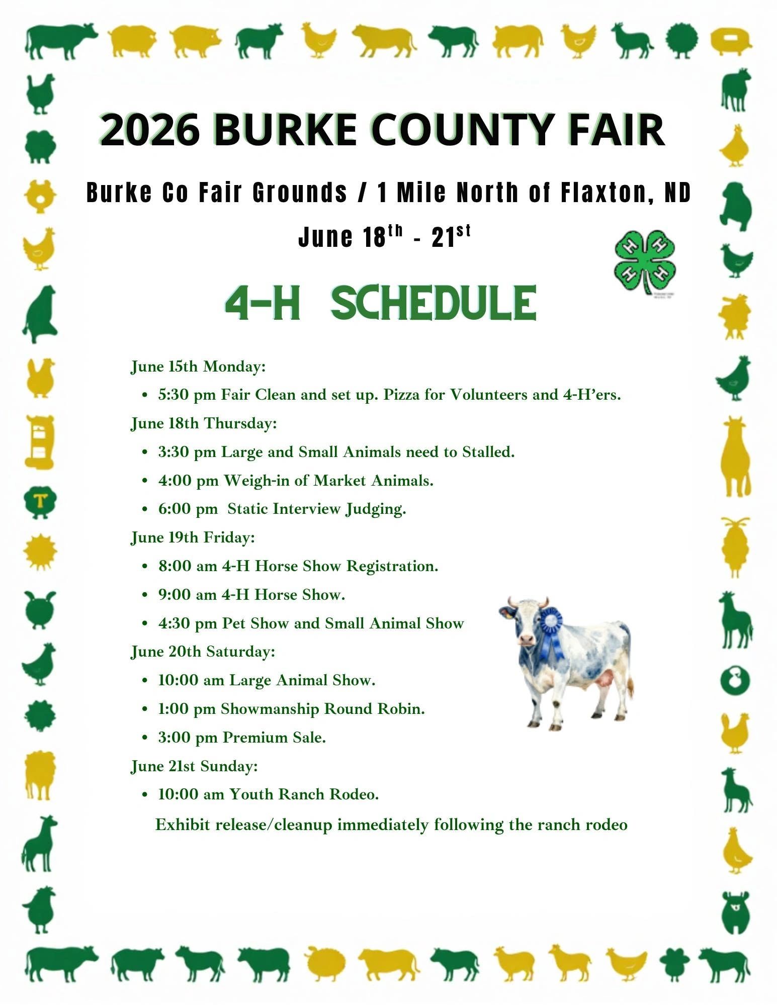 2026 Burke County Fair 4-H schedule with various animal shows and events from June 18-21.