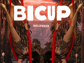 hollywood sign in background, acrobats in foreground with the word BICUP at the top.