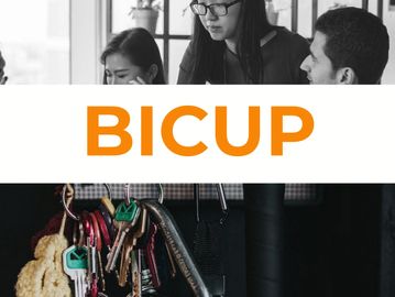 The course name, BICUP, centered below agents speaking and above bunches of keys on hooks. 