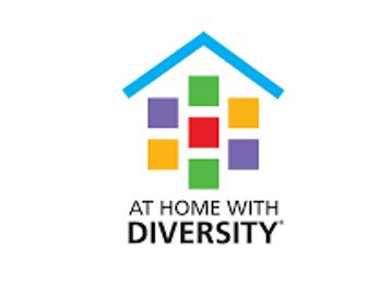 the At Home wtih Diversity logo of a triangle to represent a roof and blocks beneath it in colors