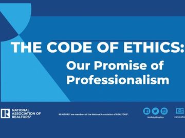 The name THE CODE OF ETHICS: Our Promise of Professionalism on a blue, tonal, color block  