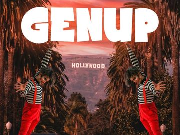 image of the hollywood sign with mimes in the foreground holding the word genup at the top
