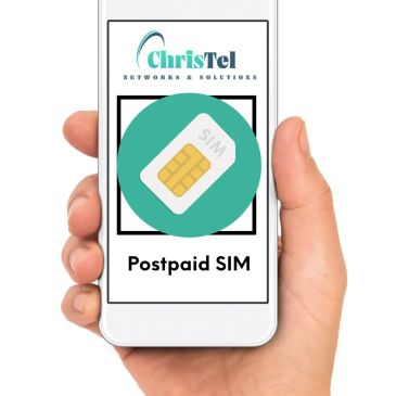 Hand holding phone displaying Postpaid SIM service logo.