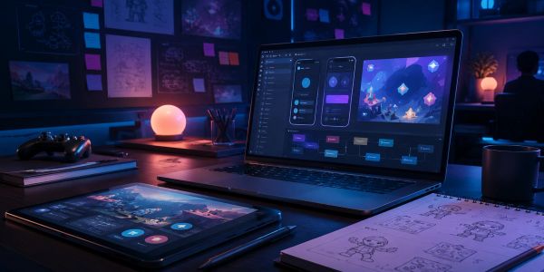 Creative workspace with laptop and tablet displaying game design.