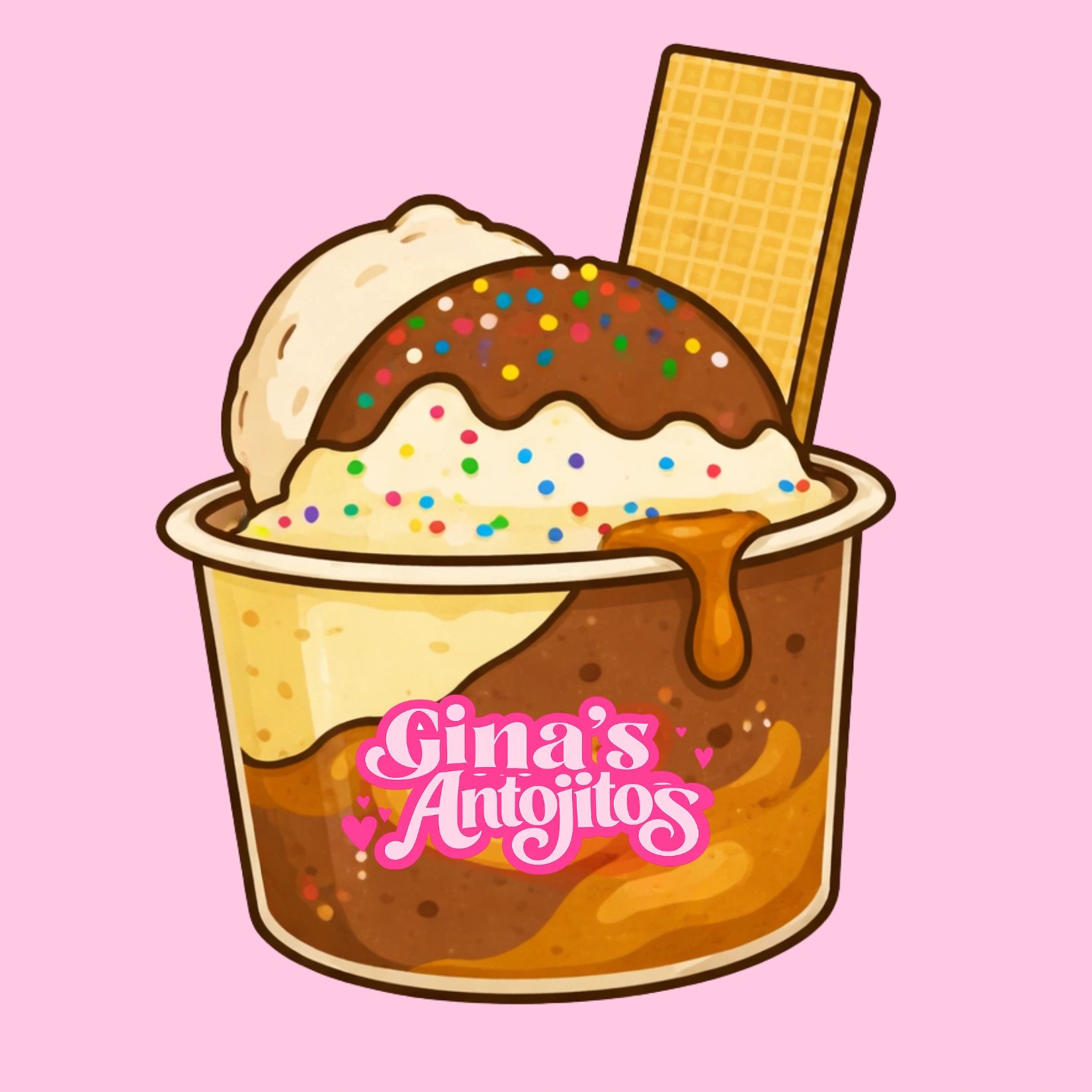 Illustration of a colorful ice cream dessert with a wafer and sprinkles.