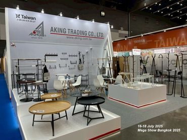 Modern furniture displayed at Aking Trading Co. booth in Mega Show Bangkok 2025.