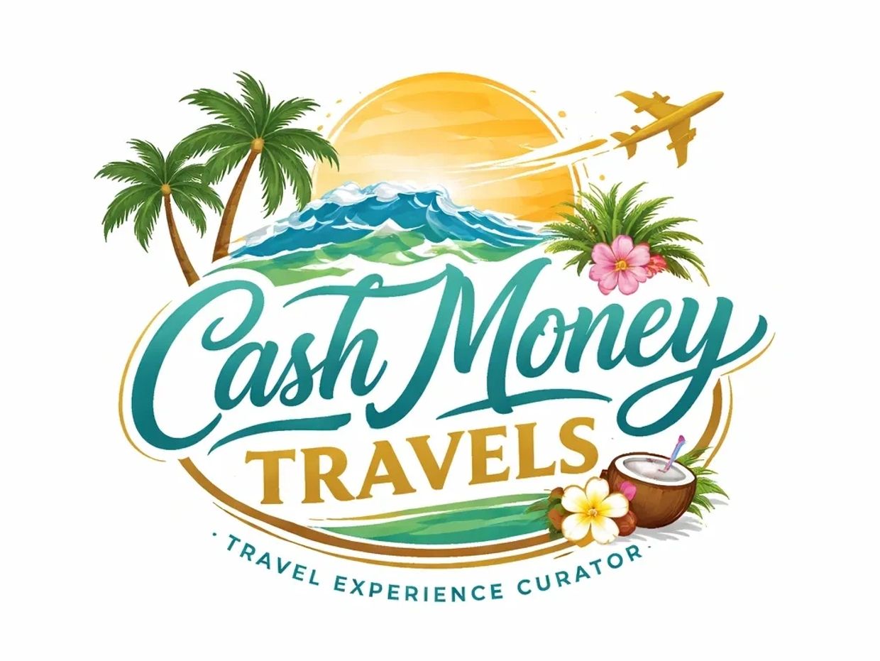 Colorful travel logo with palm trees, mountains, sun, and airplane.
