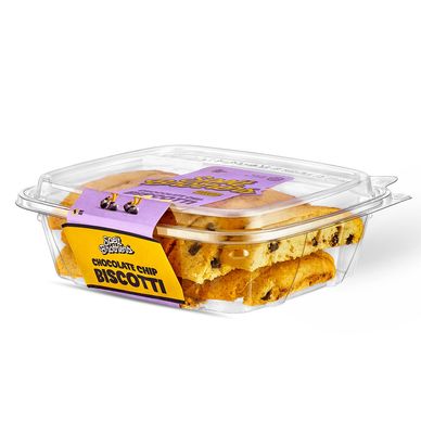 Pack of chocolate chip biscotti in clear plastic container.