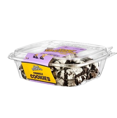 Clear plastic container of crinkle cookies.