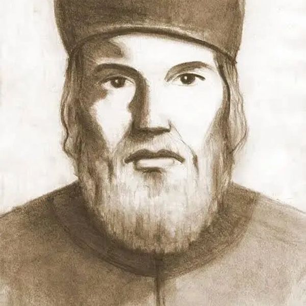 Sepia-toned portrait sketch of a bearded man wearing a hat.
