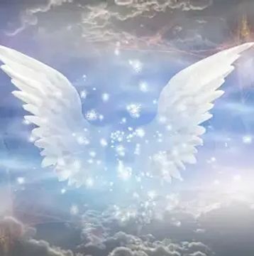 Glowing angel wings surrounded by ethereal light and clouds.