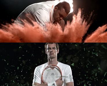 Jo-Wilfried Tsonga surrounded by French Open clay and Andy Murray with Wimbledon grass.