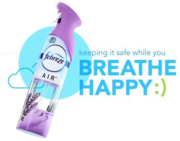 Can of lavender Febreze Air beside the words BREATHE HAPPY