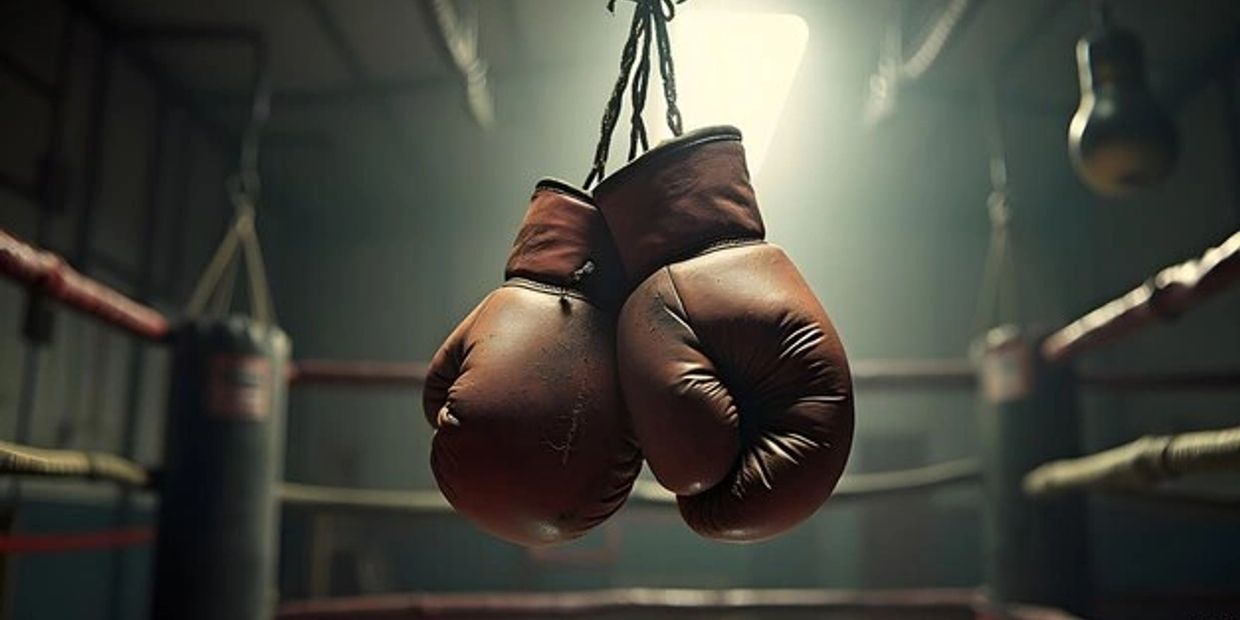 Worn boxing gloves hanging in an empty boxing ring under focused light.