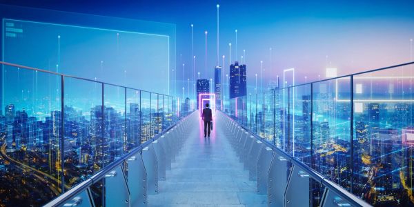 Man walking across a glass bridge above a skyline. https://img1.wsimg.com/isteam/getty/2192582780