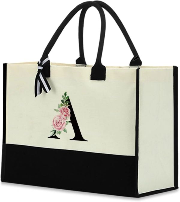 Black and ivory monogrammed tote