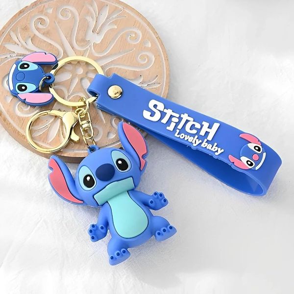 Blue Stitch keychain with a cartoon character and strap.