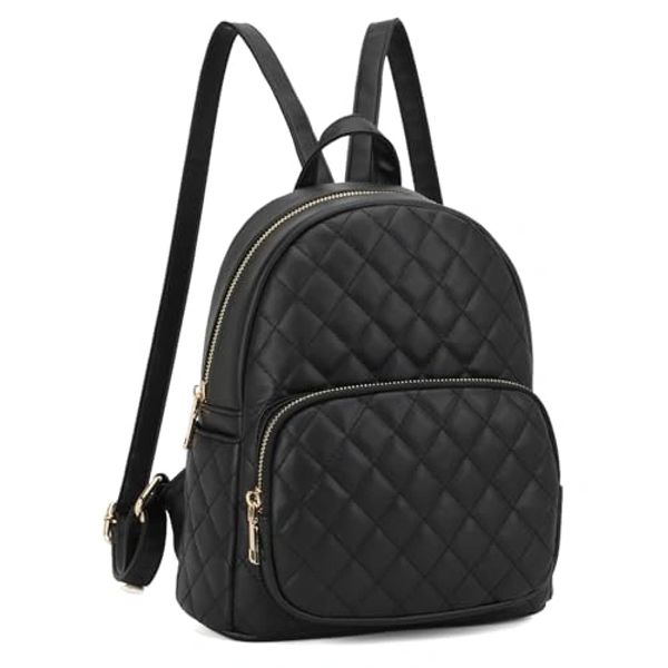 Quilted black backpack with gold hardware