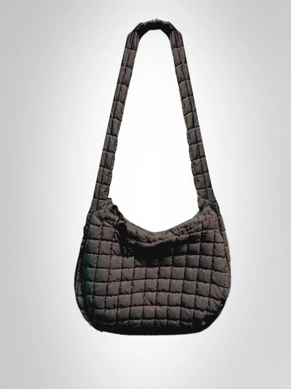 Olive brown puffer tote bag with zipper