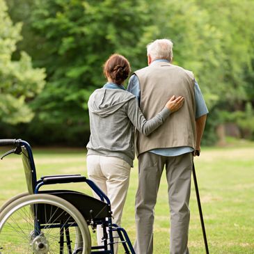 A caregiver offers support to an elderly resident at Life of Riley Senior Care