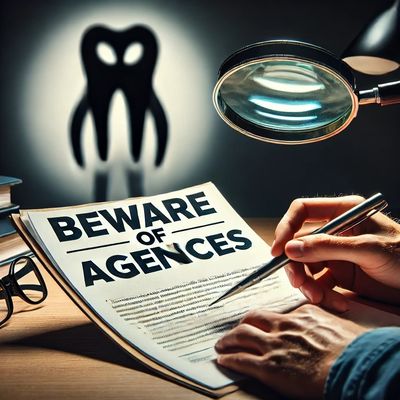Paper titled 'Beware of Agencies' with magnifying glass and shadow of a tooth.