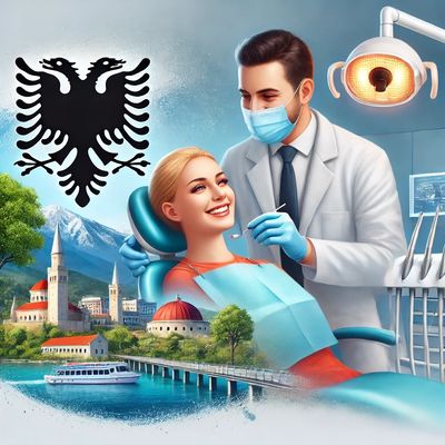A dentist treating a smiling woman with Albanian cultural elements in the background.