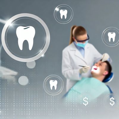 Dentista controlla i denti di un paziente con icone dentali digitali.