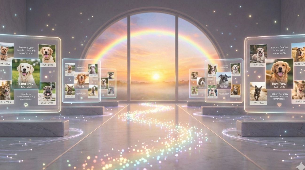 Digital memorials for pets with a rainbow and glowing path in a serene room.