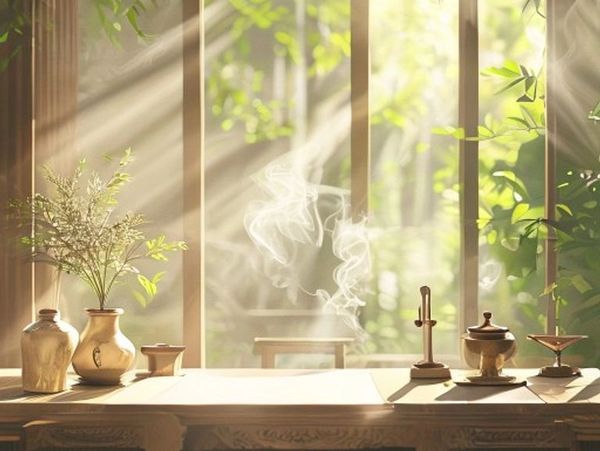 Sunlit room with incense smoke and decorative vases on a wooden table.