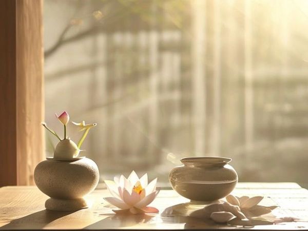Sunlit ceramic vases and lotus flowers on a wooden table.