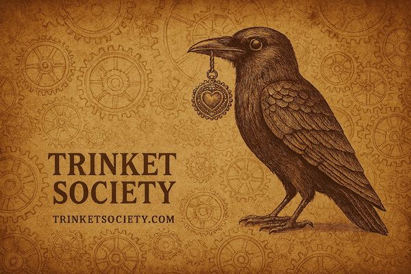 Illustration of a raven holding a heart-shaped locket on a vintage background.