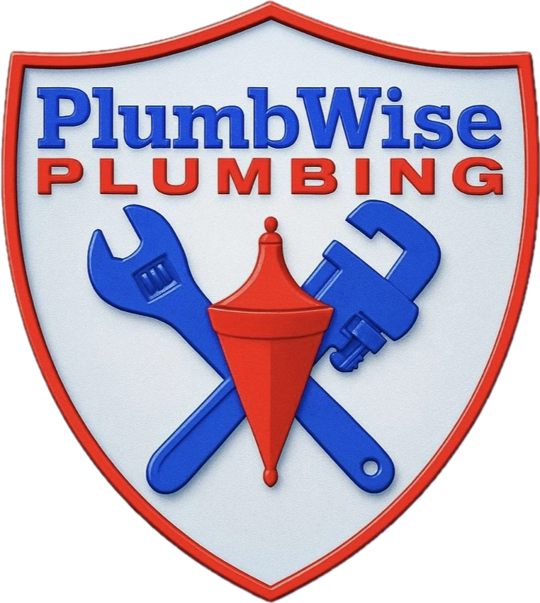 Shield-shaped logo for PlumbWise Plumbing with tools.