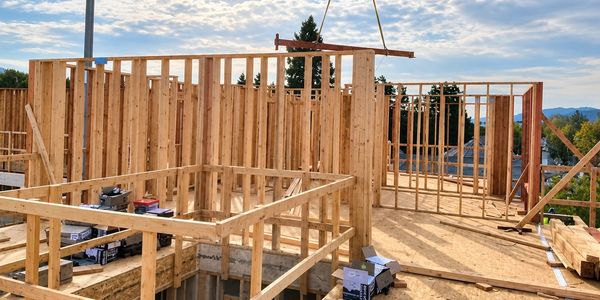 Framing structure of a wooden house under construction.