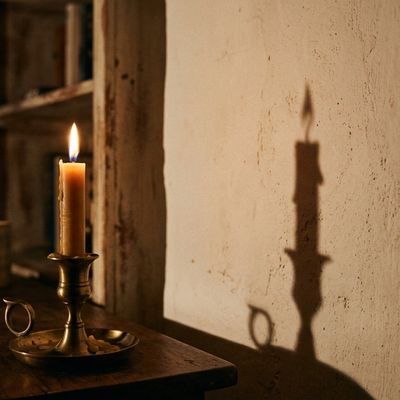 A lit candle casting a shadow on a textured wall.
