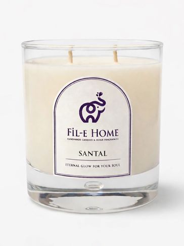 Santal scented candle in a clear glass container from FiL-E Home.