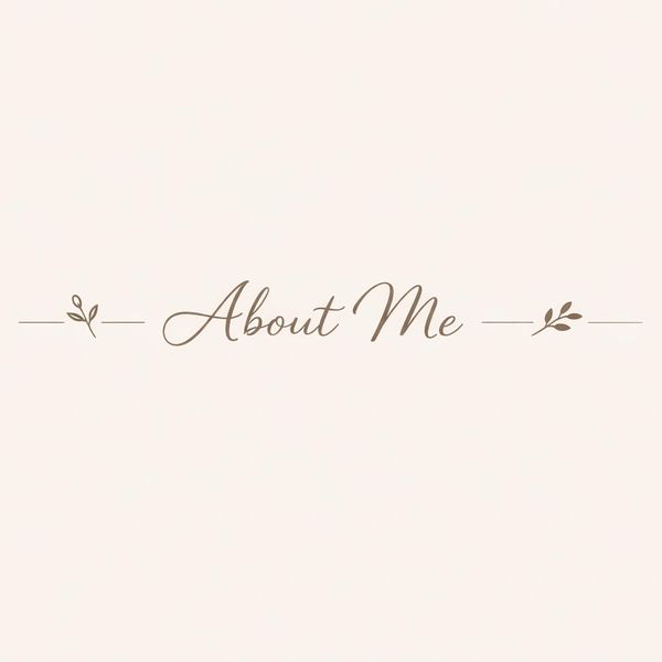 Elegant 'About Me' text with delicate floral accents on a soft beige background.