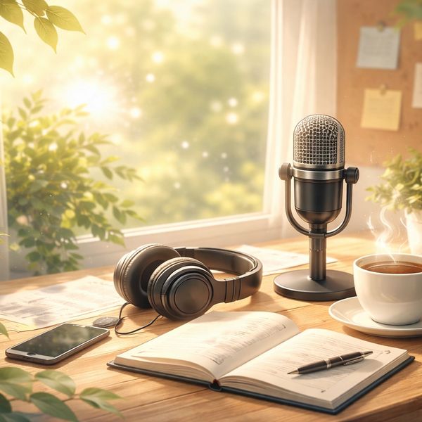Cozy podcast setup with microphone, headphones, notebook, and coffee by a sunlit window.
