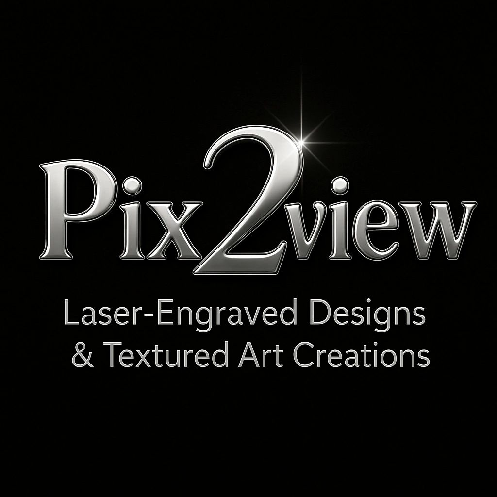 Pix2view logo highlighting laser-engraved designs and textured art creations.