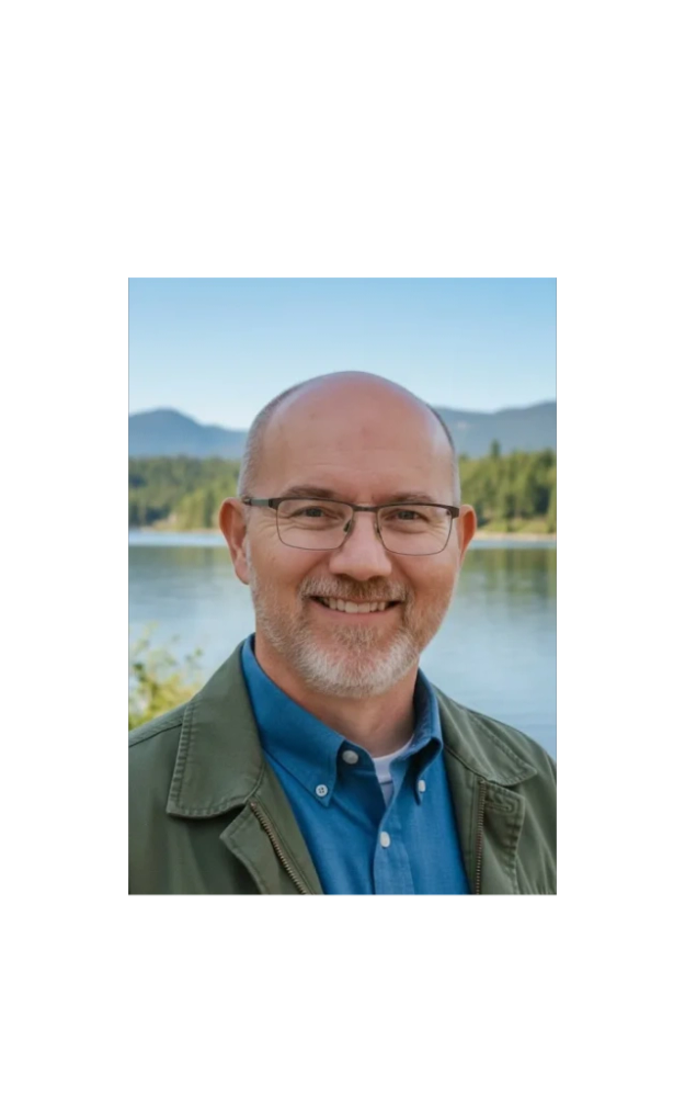 Smiling man with glasses outdoors by a lake and mountains.