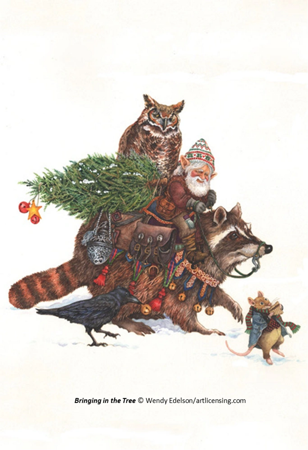 Our whimsical winter scene features a happy gnome and appealing animal friends bringing home a Christmas tree. 