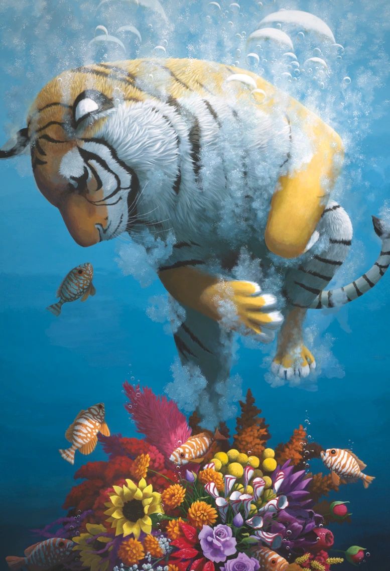 This gorgeously rendered tiger observes the underwater "garden" of sea animals.