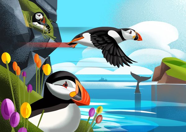 Colorful puffins near a sea cliff with flowers and a whale tail in the water.